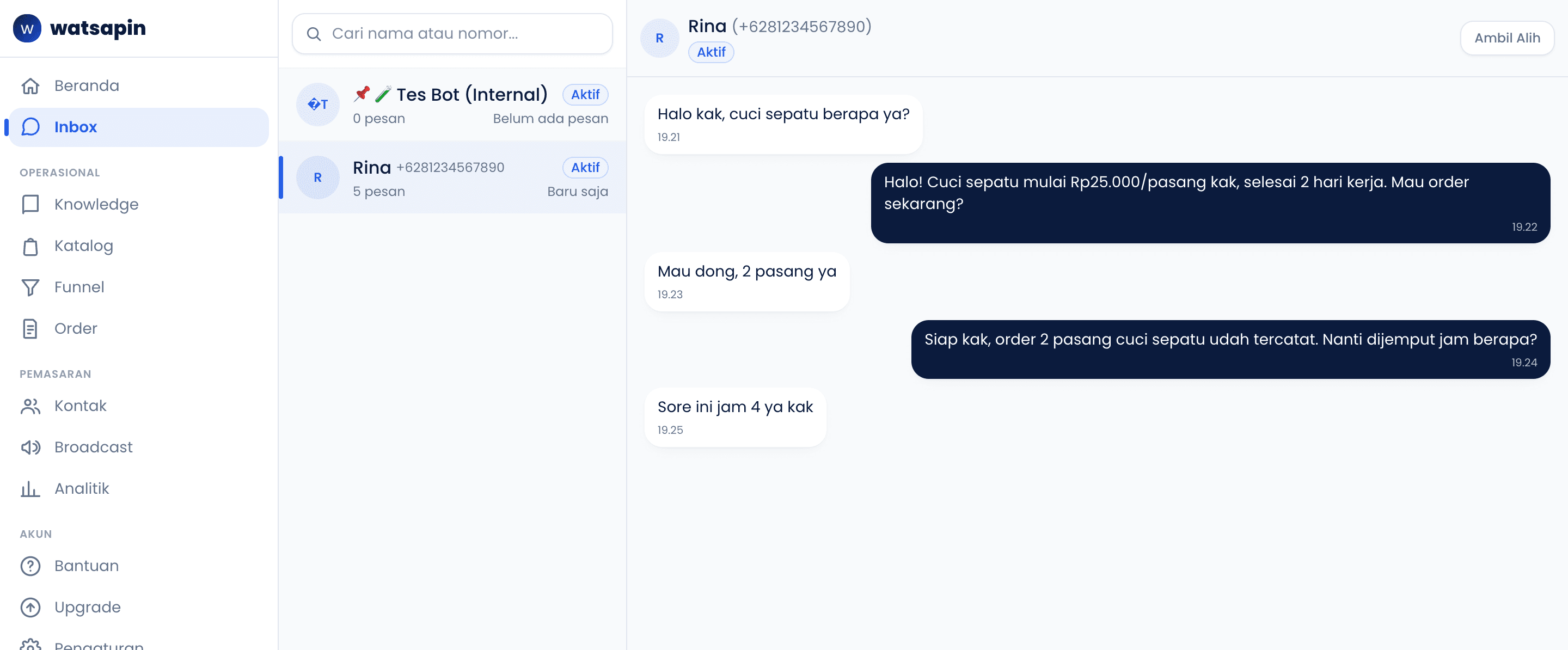Tampilan halaman Inbox di watsapin