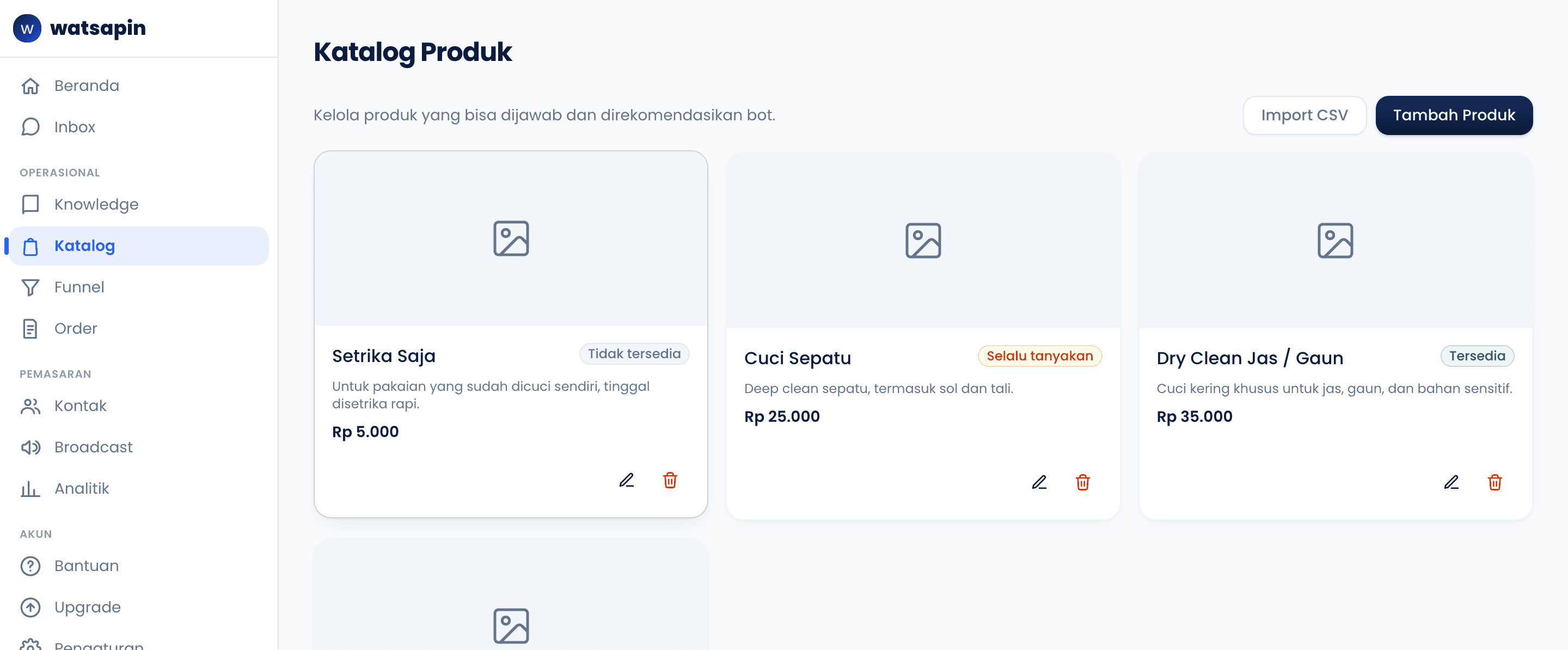 Tampilan halaman Katalog di watsapin